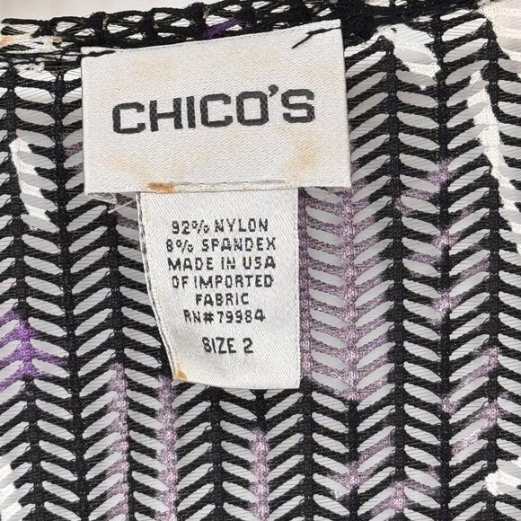 Chicos 2 Black Purple Tie-Front mesh Cardigan jacket Size large Geometric - Picture 2 of 10